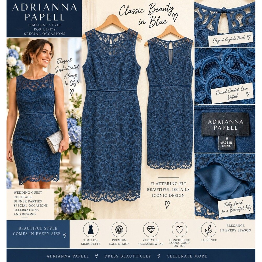 Adrianna Papell 18 Deep Sapphire Blue Corded Lace Cocktail Dress Formal HTF EUC